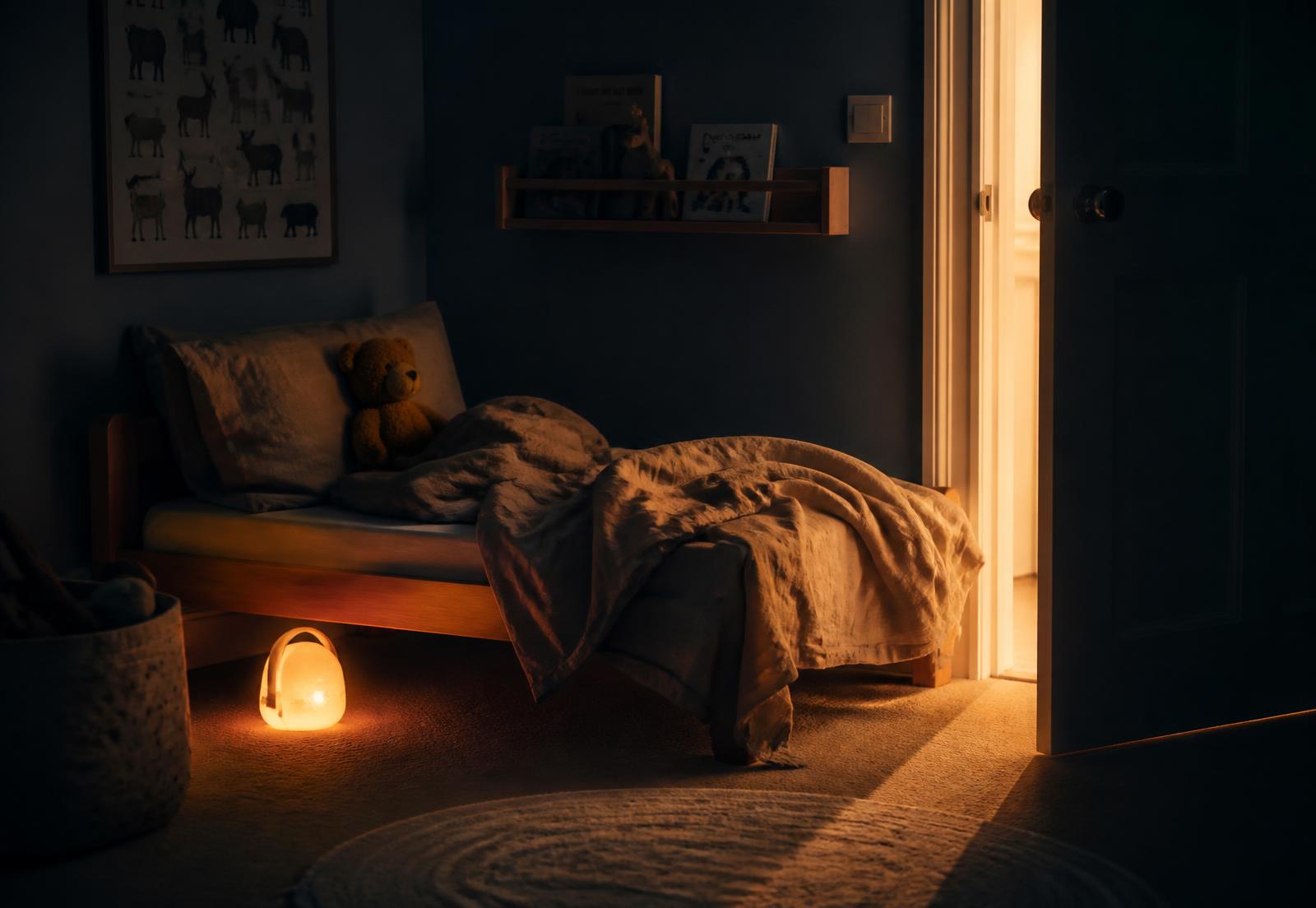 A child's bedroom at night: a toddler bed with a teddy on the pillow, a warm night light glowing on the floor and the door ajar with landing light spilling in