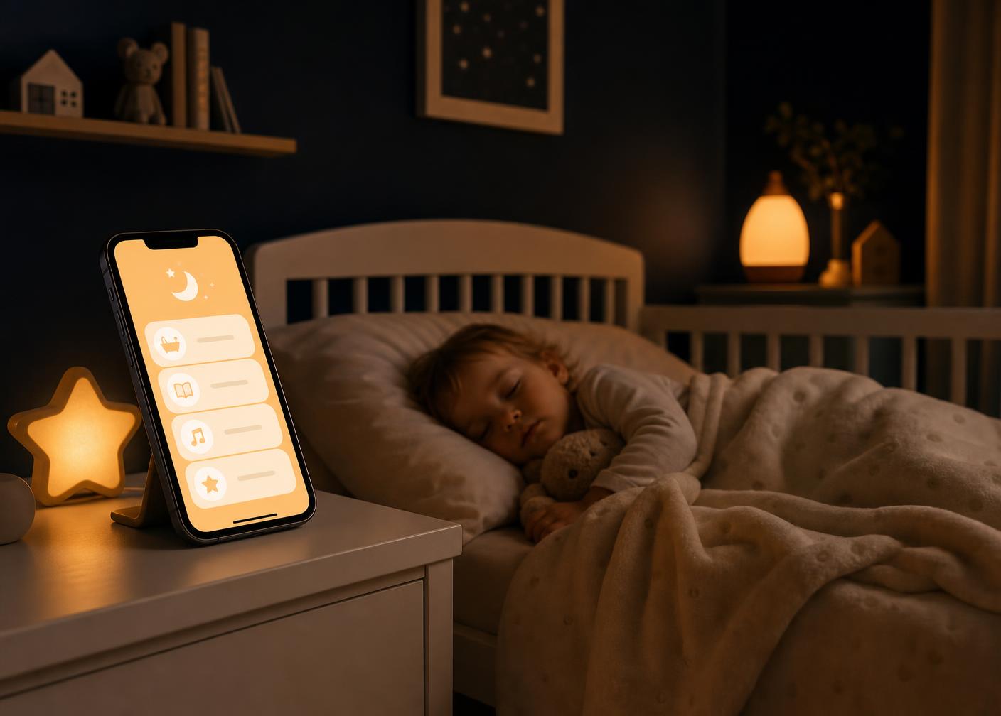 A phone on a nursery nightstand showing The Night Shift's tonight card, with a toddler sleeping in the cot behind it